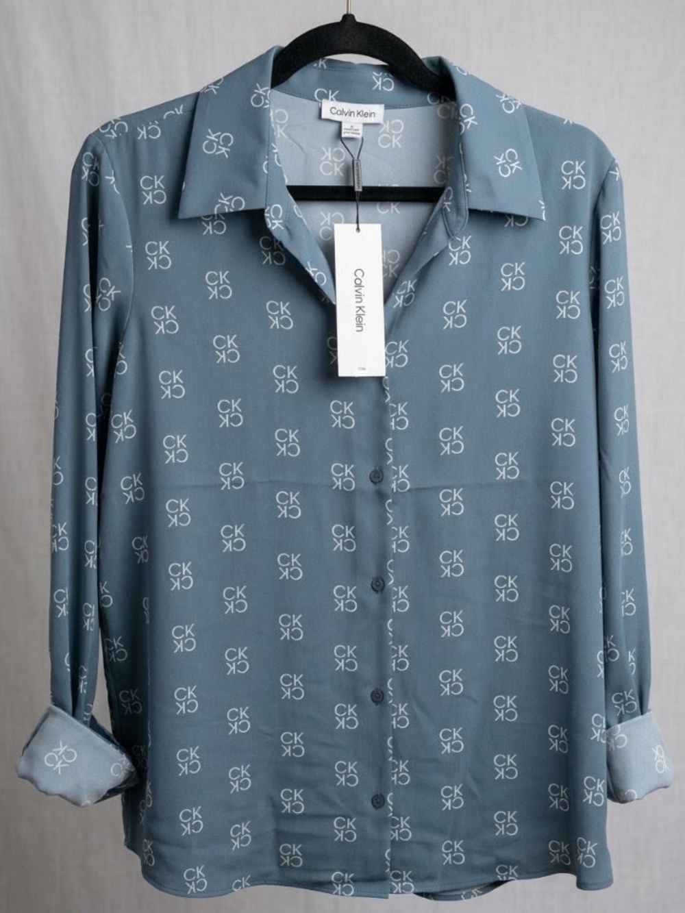 Calvin Klein Slate Blue Logo-Print Button-Down Shirt
